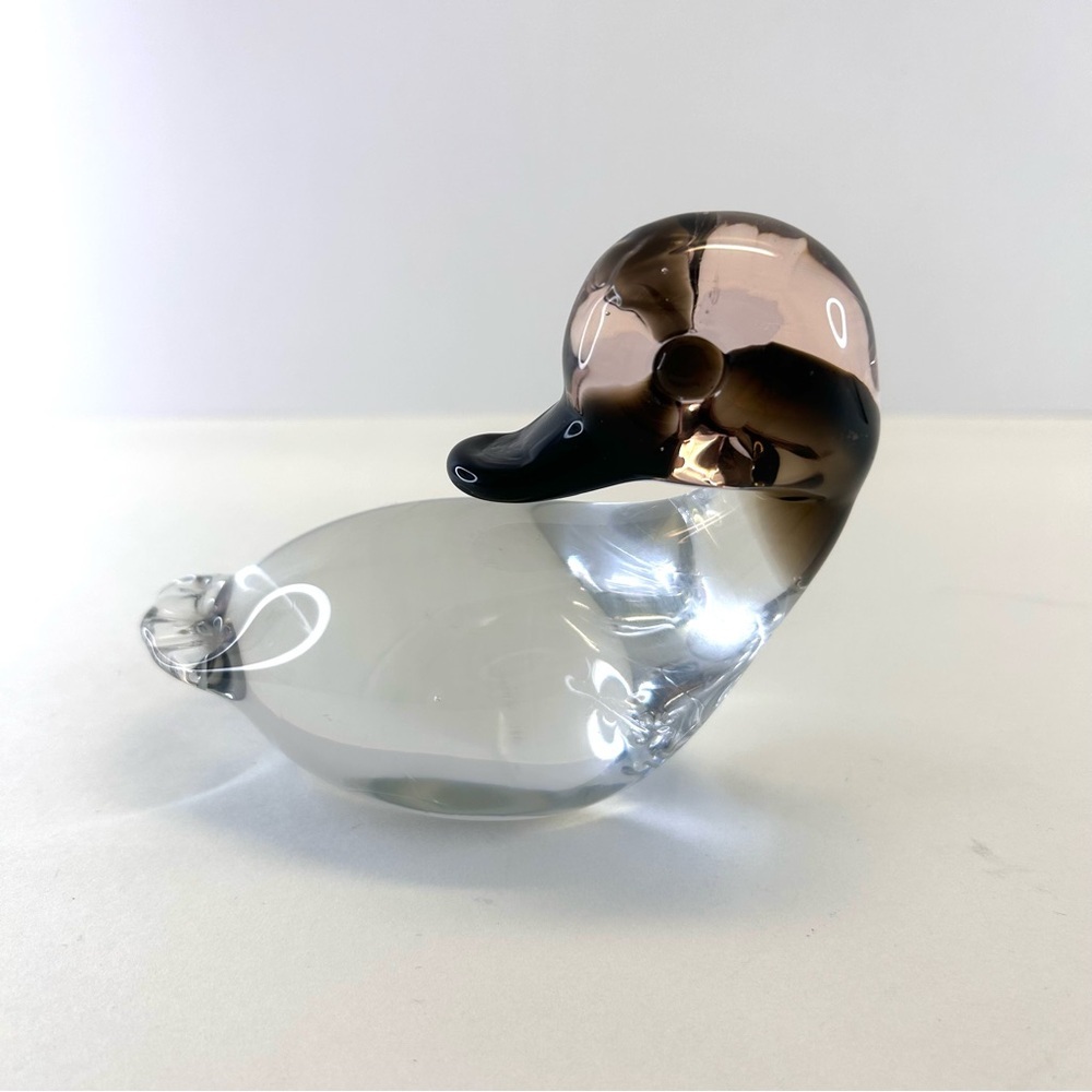 Art Glass Duck Bird Hand Blown Purple Head Clear Base Paperweight Vintage